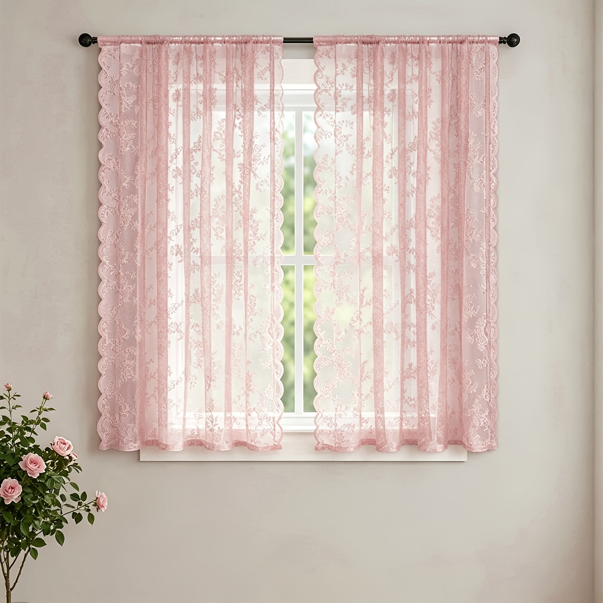 Set of Two White Lace Curtains with Floral Designs, Featuring a Bohemian Style And Semi-Transparent Fabric That Filters Sunlight. Suitable for All Seasons
