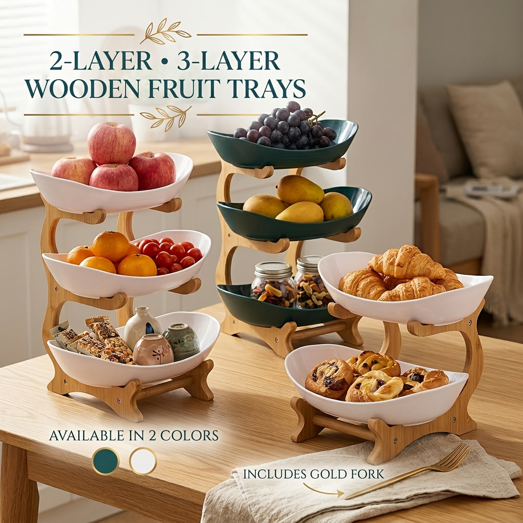 A Creative Two-Layer/Three-Layer Kitchen Fruit Basket, Large-Capacity Layered Fruit Basket, European-Style Dried Fruit Plate, Bamboo And Wood Frame, Household Snack Plate, Candy Tray, Fruit Basket, Bamboo And Wood