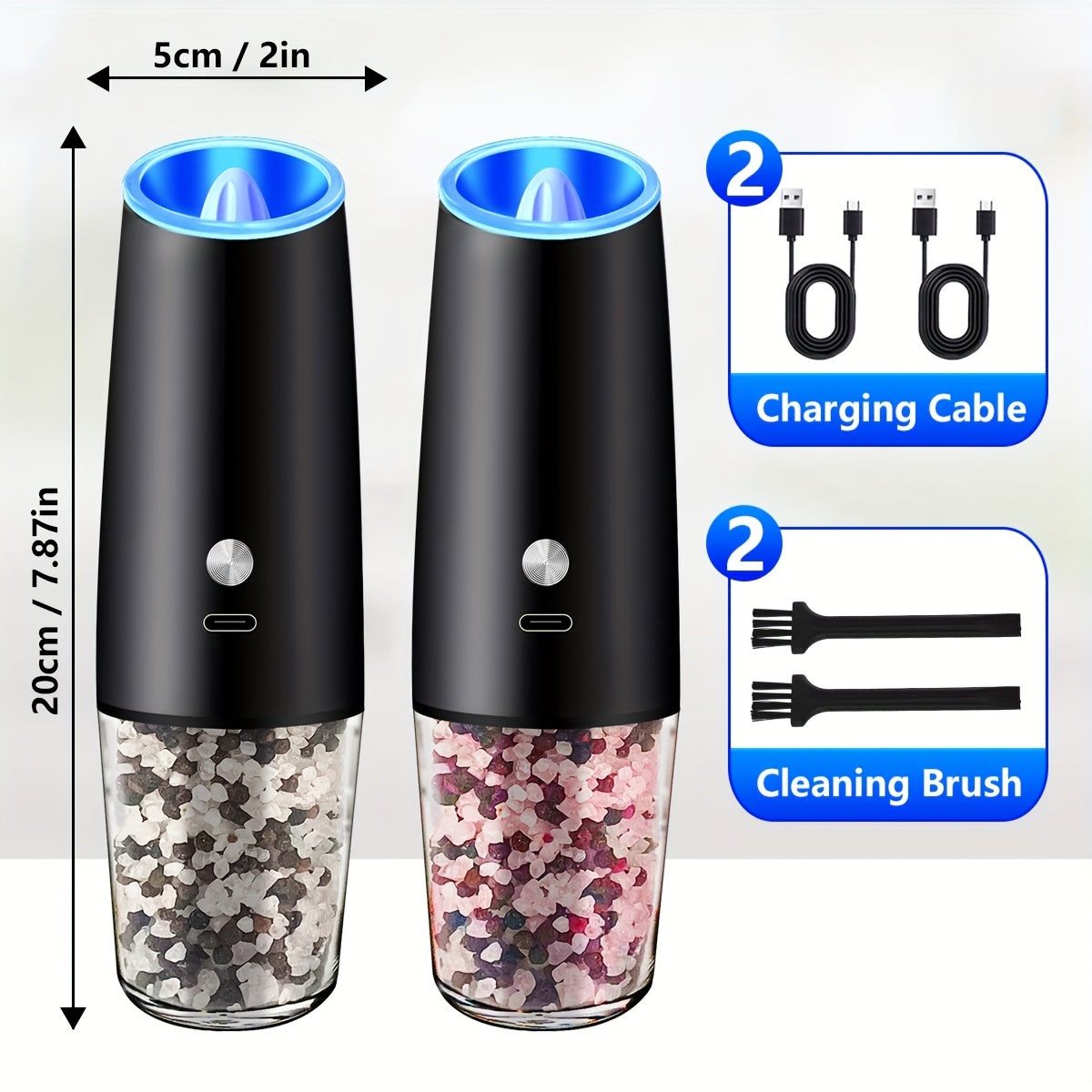 2pcs USB Rechargeable Salt And Pepper Grinder Electric Salt And Pepper Mill & Adjustable Coarseness Automatic Salt Grinders Spice Shakers with LED Light One Hand Operation