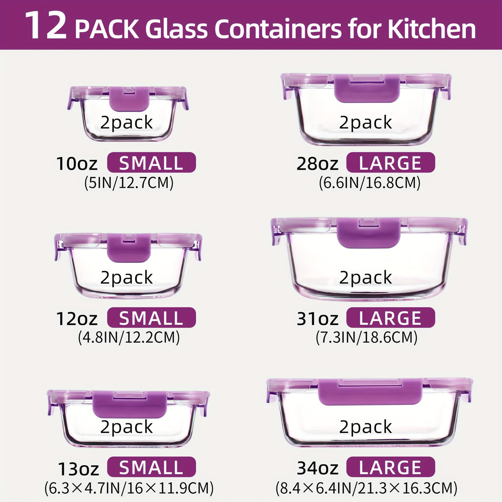 24pcs (12 Lids+12 Glass Bowl) Borosilicate Glass Food Storage Containers with Airtight Lids, Ideal for Meal Prep, Lunches - Microwave and Dishwasher Safe