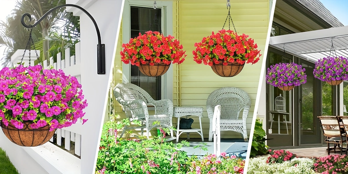 Artificial Hanging Petunia Flowers with Container, UV-Resistant Plastic Faux Floral Decor in Multicolor or Purple for Porch, Patio, Garden and Balcony