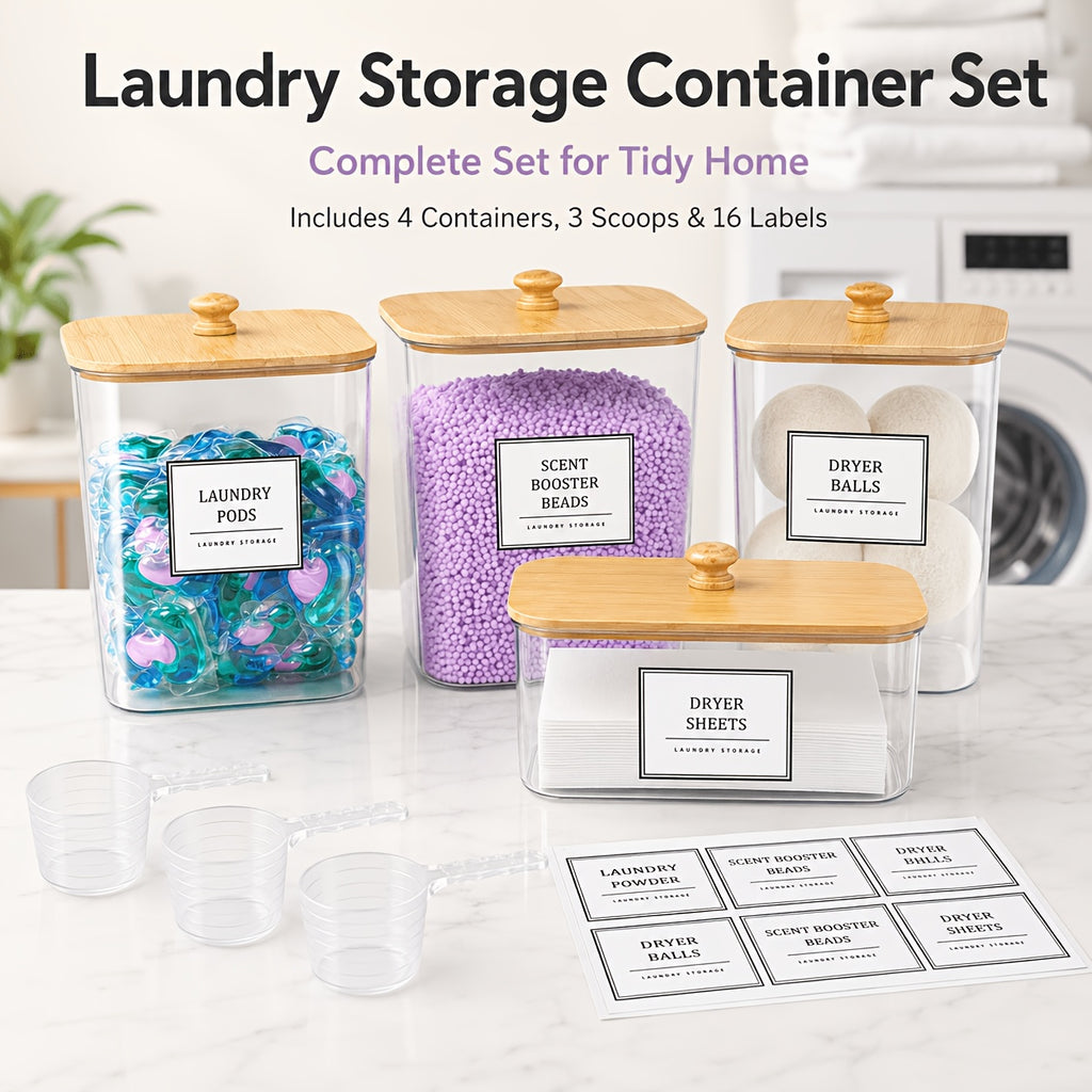 2/3/4+1 Pack Laundry Organization And Storage And Dryer Sheet Holder Set, Clear Laundry Room Organization Containers with Bamboo Lids And Labels, Laundry Pods Holder for Scent Booster, Powder, Pod