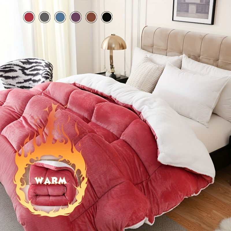 1pc Thick Soft Comforter Plush Flannel Sherpa Comforter, 600G Filling Ultra Breathable All Season Comforter Double-Sided, Box Stitch Solid Color Comforter For Bedroom, Warm For Autumn And Winter Comforter, Gift, Home Deco