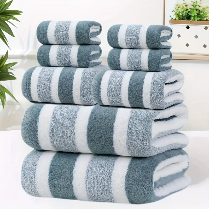 8pcs Lint-Free Super Absorbent Soft Five-Star Hotel Standard Two-Color Striped Spaced Bath Towel Set, Including 2 Large Bath Towels, 2 Medium Bath Towels And 4 Small Bath Towels, Wash Cloths