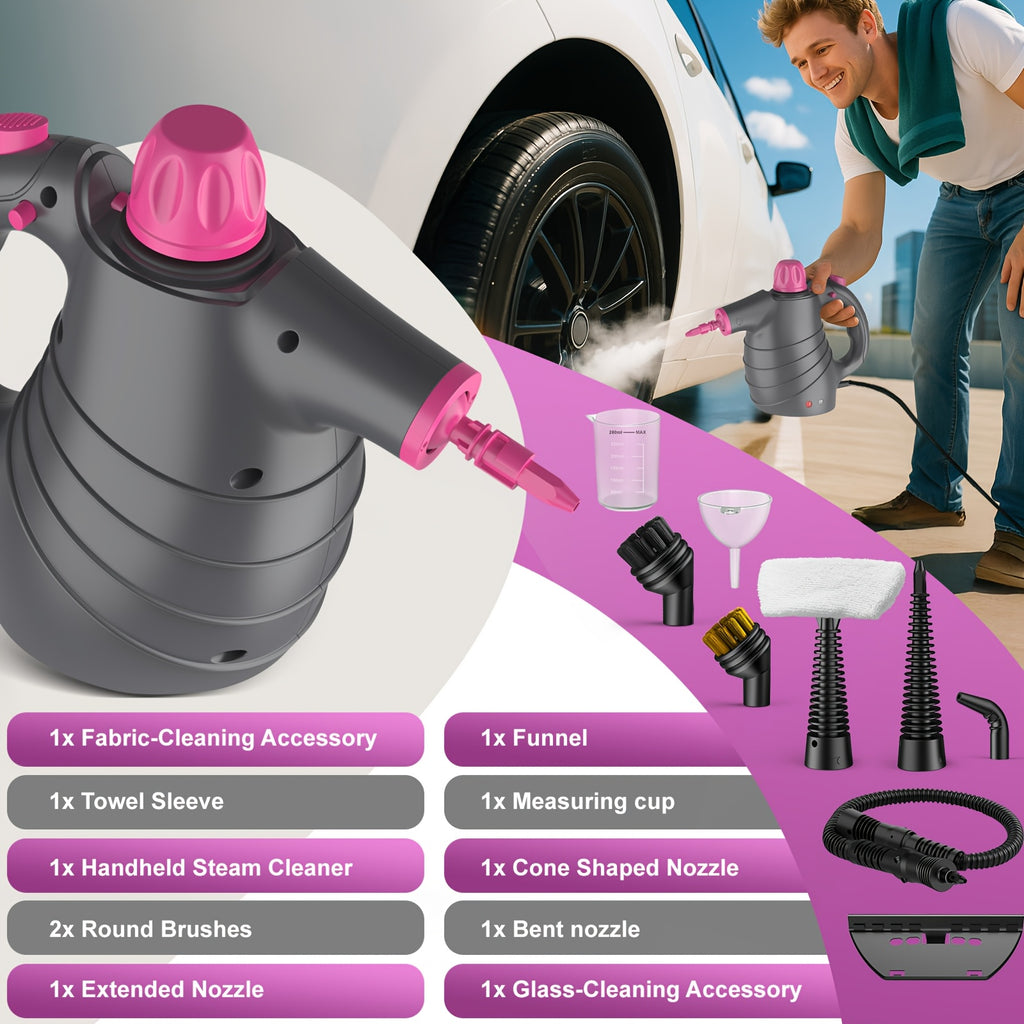 1pc 1050W Handheld Steam Cleaner | 12 Brush Heads, Fast Heat-Up, Chemical Free, Lightweight & Portable, Large 11.83oz Water Tank, Metal & Plastic, Plug, Safety Lock for Home, Car, Floor, Furniture