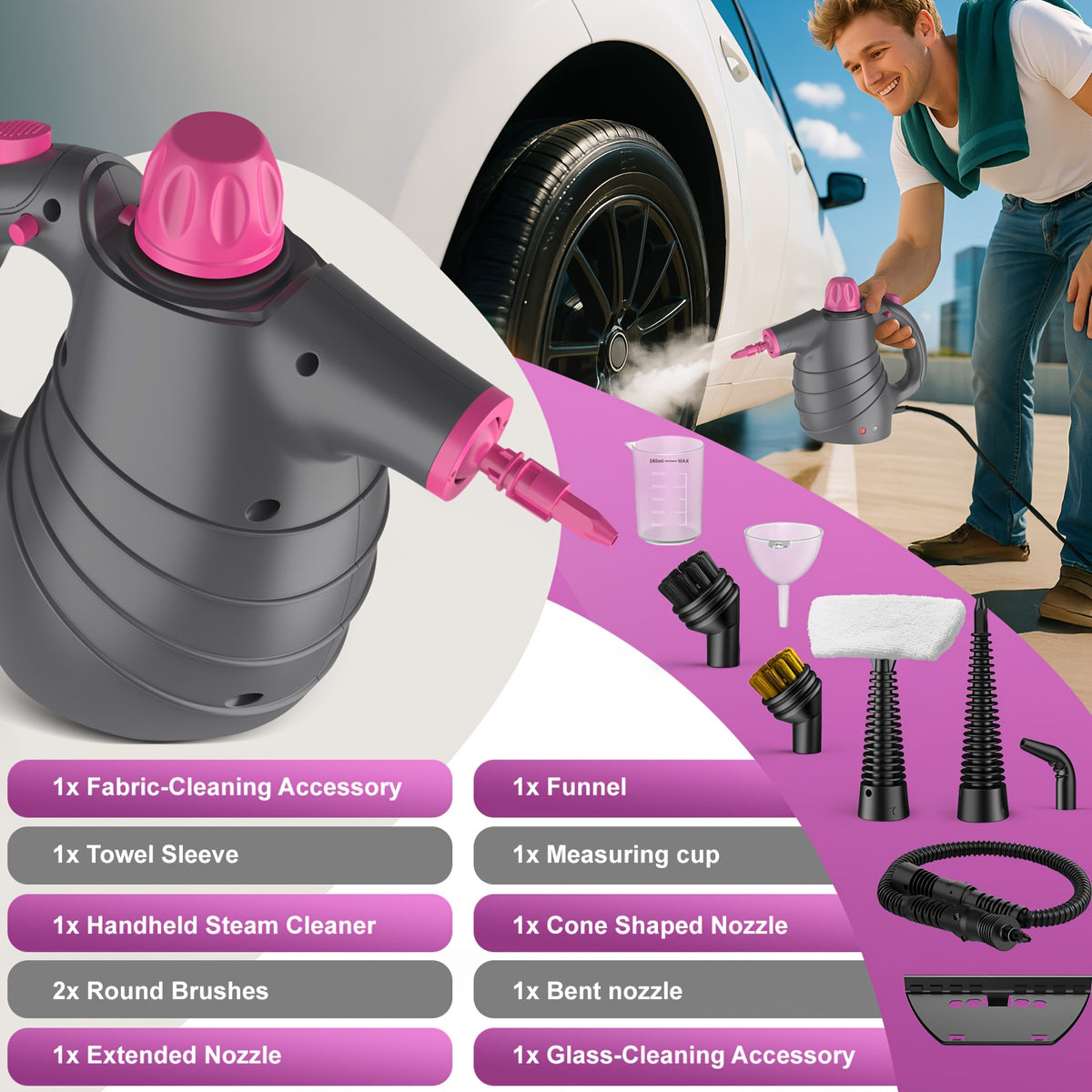 1pc 1050W Handheld Steam Cleaner | 12 Brush Heads, Fast Heat-Up, Chemical Free, Lightweight & Portable, Large 11.83oz Water Tank, Metal & Plastic, Plug, Safety Lock for Home, Car, Floor, Furniture