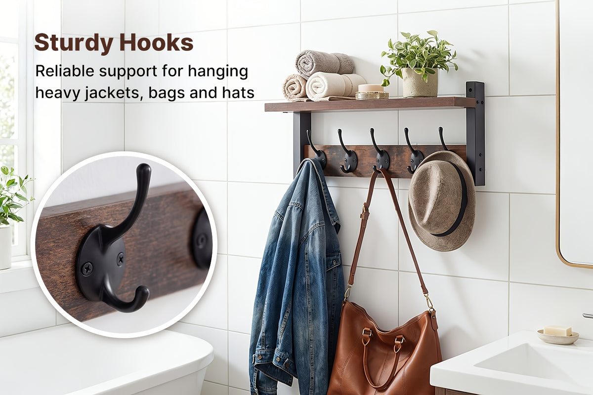 Wooden Wall-Mounted Shelf - Coat And Key Organizer with Floating Shelf And 5 Hooks, Key Rack for Bedroom And Entryway Storage, Towel Organizer for Bathroom, Suitable for Kitchen, Living Room, Bedroom, Bathroom