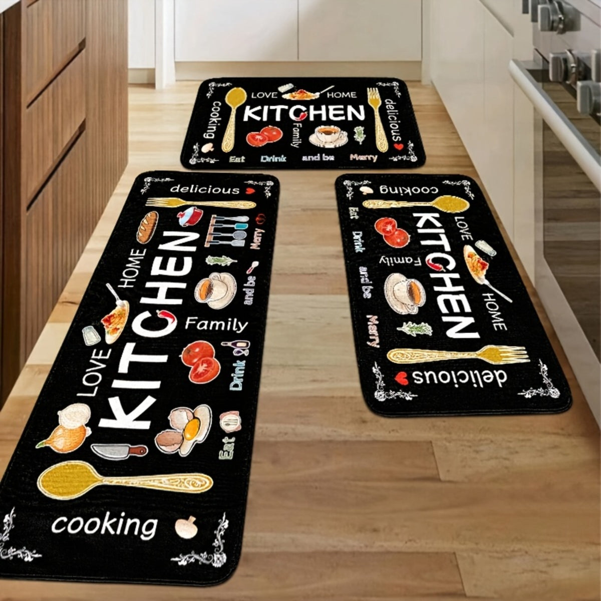 3pcs Kitchen Carpet Set, Egg Beater, Knife And Fork Kitchen Mat Theme, Decorative Carpet, Soft, Easy to Clean, Suitable for Bedrooms, Living And Dining Room, Kitchen, Bathroom, Gifts for Friends And Family, Kitchen Additions, Halloween Decorations