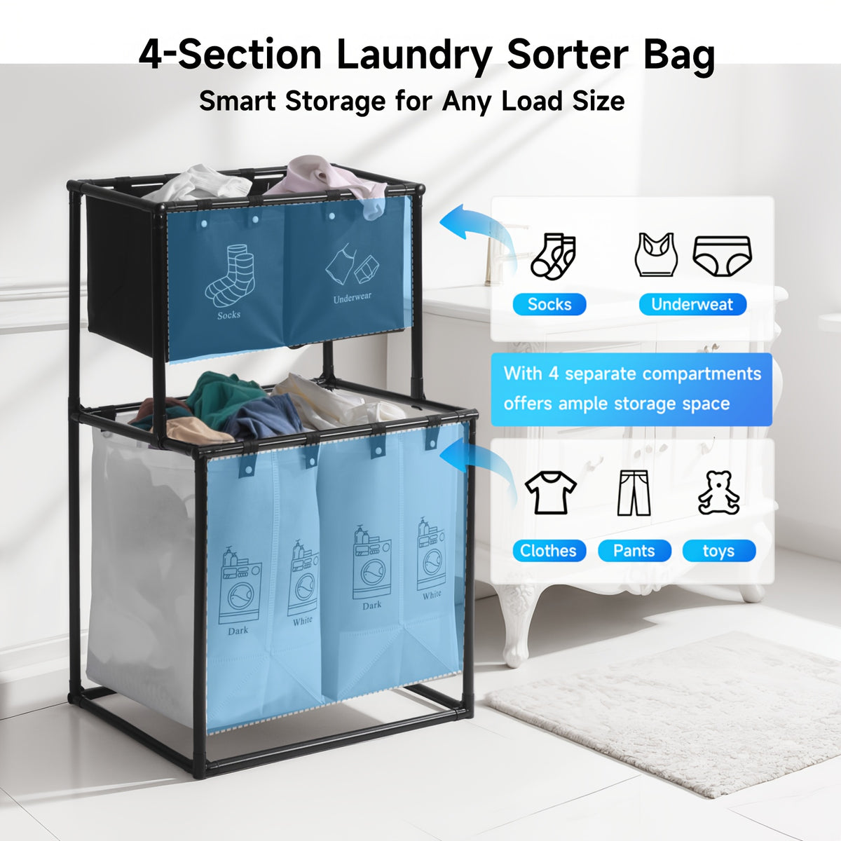 2 Compartment Laundry Hamper (No Wheels) - 2 Tier Laundry Sorter With Handles - Sturdy Metal Frame & Breathable Mesh Bags - Space Saving Clothes Organizer For Home, Apartment, Add 10 Cable Ties For Securing, Dirty Laundry Basket, Laundry Baskets
