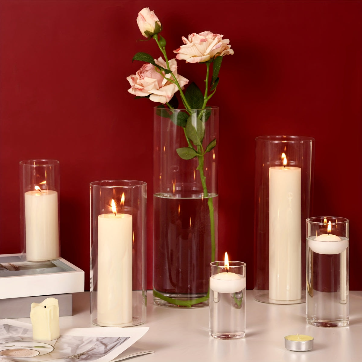 Clear Cylinder Vases for Wedding Centerpieces, Five-Size Glass Flower Vase Sets in 15, 20, 25 or 30 Pieces for Party Tables, Home and Office Decor
