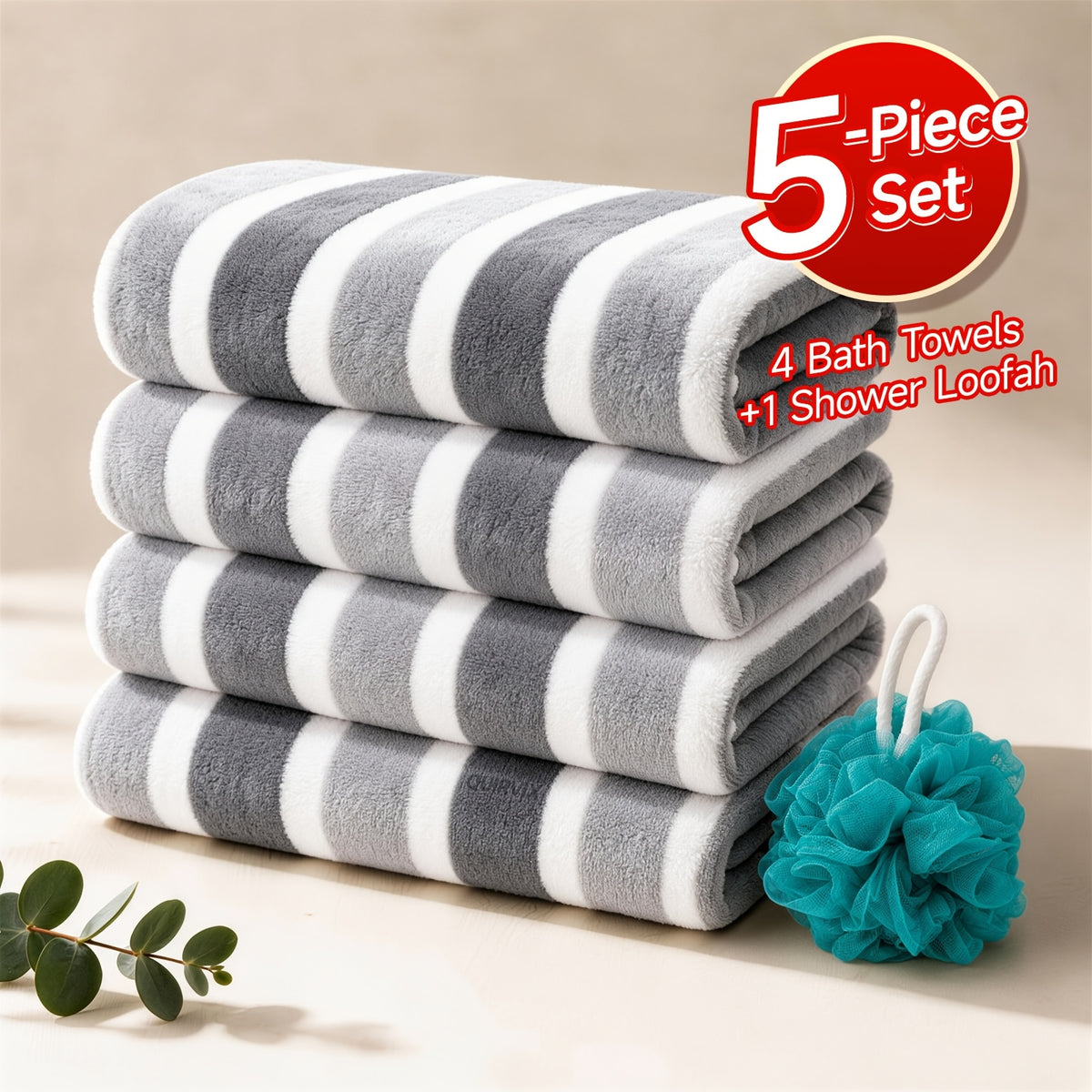 1/4 Or 5pcs Bath Towel Set with Bath Loofah, Highly Absorbent And Quick-Drying | Ultra-Soft Microfiber Beach Towels for Adults, Two-Color Striped Interval Bath Towels Perfect for The Beach, Spa, Gym & Home Bathroom Essentials - 27 X 55 Inches