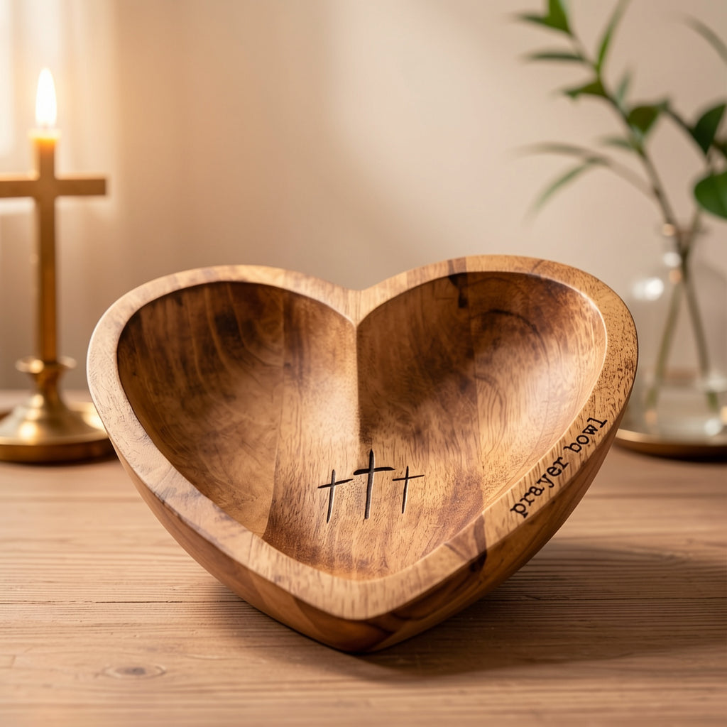 Heart Shaped Wooden Prayer Bowl | Christian Gift for Women, Religious Home Decor, Thoughtful Congregation Gift, Natural Wood Grain Design, Spiritual Home Decor | Heart Shaped Design | Smooth Wooden Surface, Let'S Pray Together (Non-Food Contact)