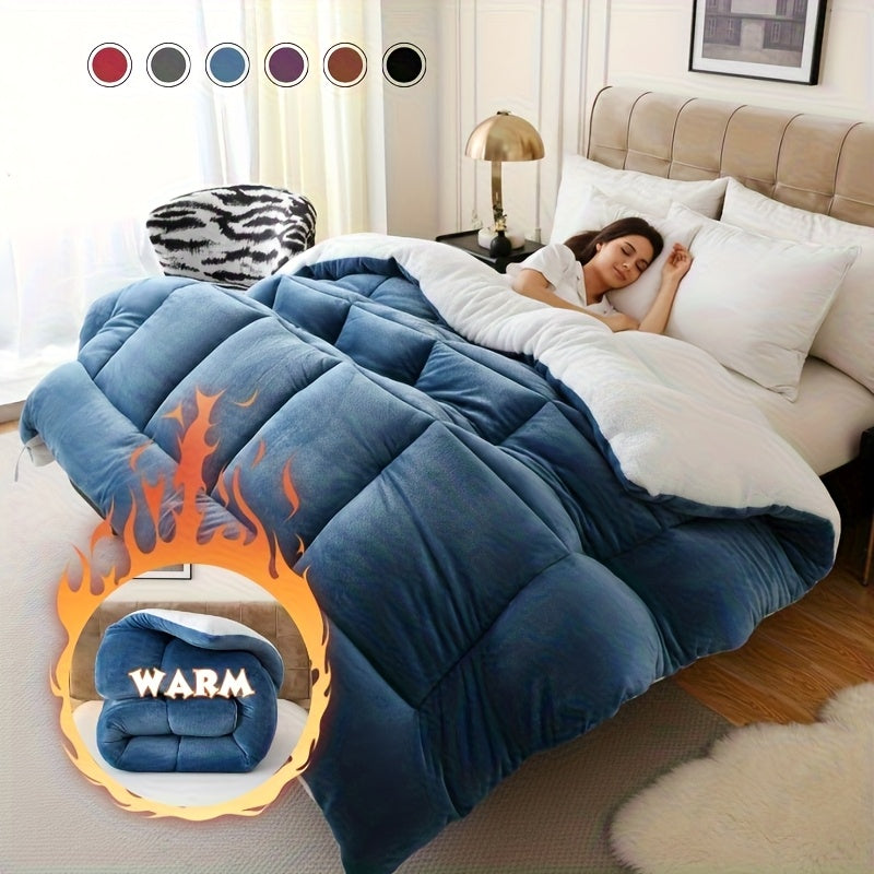 Plush Flannel Sherpa Comforter, Single Double-Sided Solid Color Bedding with Box Stitch Design for Twin XL, Full, Queen and King Bedrooms