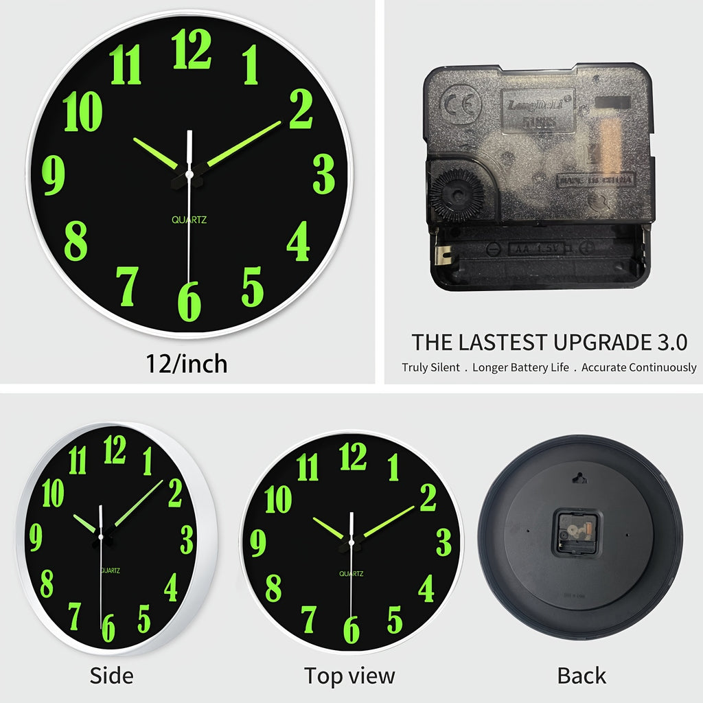 8-16 Inch Modern Black Glow-in-the-Dark Wall Clock, Silent No-Ticking, Battery Powered, Decorative Clock for Living Room, Bedroom, Office & Kitchen, Plastic Frame with High-Transparency Glass Mirror, Perfect Christmas & Housewarming Gift
