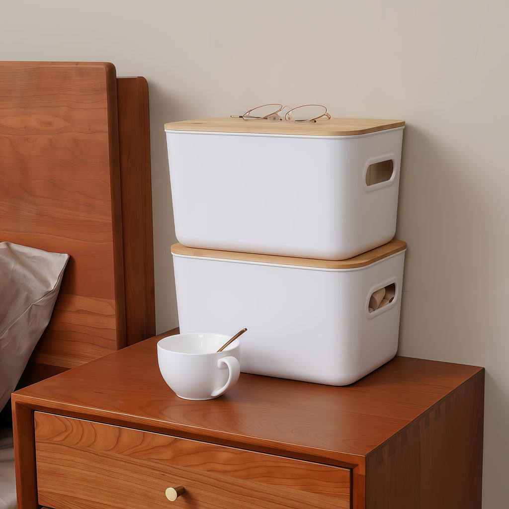 Storage Bins with Wood Lids, White Stackable Plastic Containers with Built-In Handles, 10.12 x 7.09 x 6.69 Inches in 1 2 4 or 8 Pack for Home Office Shelves