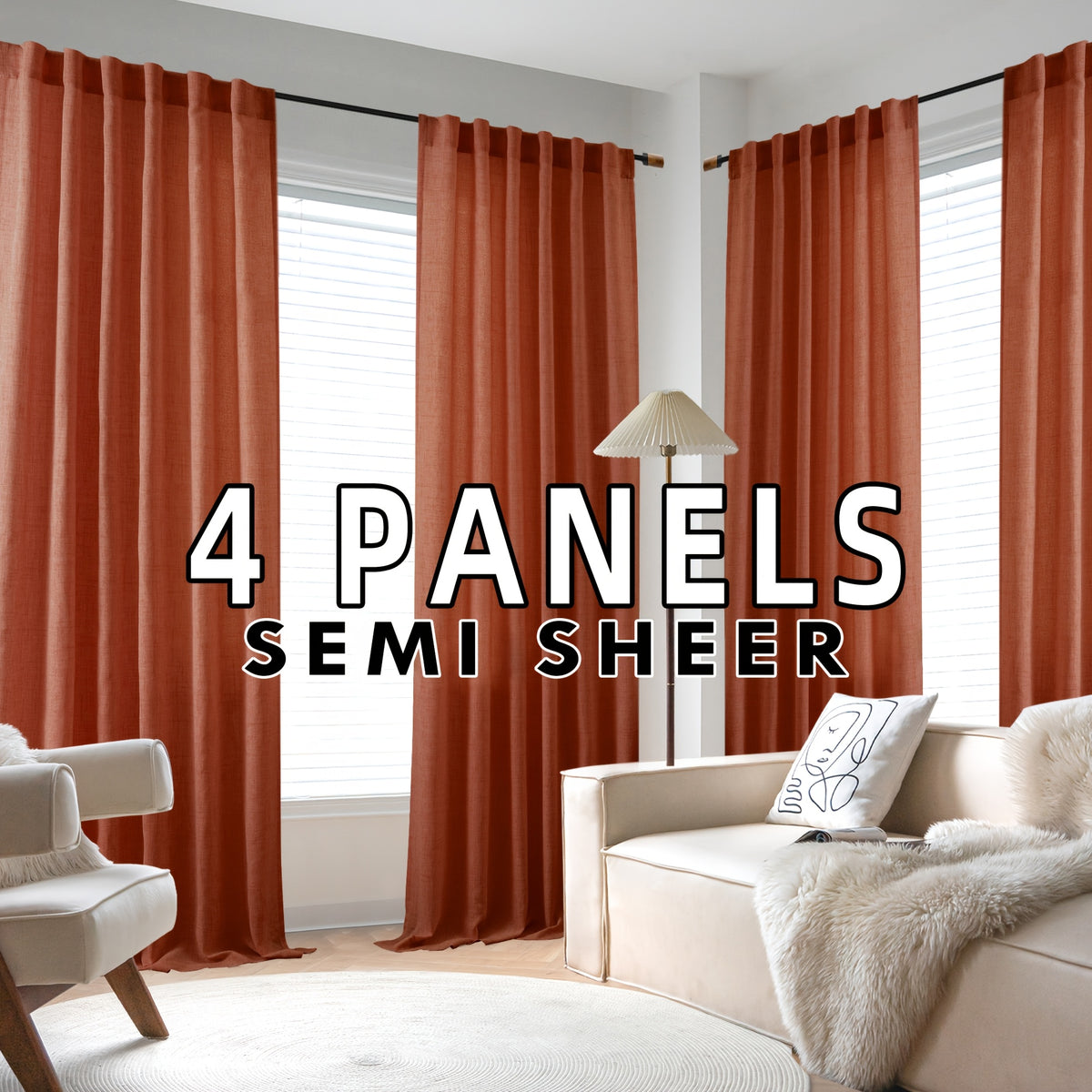 4 Panels Natural Linen Curtains for Living Room Semi Sheer Farmhouse Real Flax Rod Pocket Back Tab Boho Rustic Light Filtering Window Drapes for Bedroom Privacy Assured