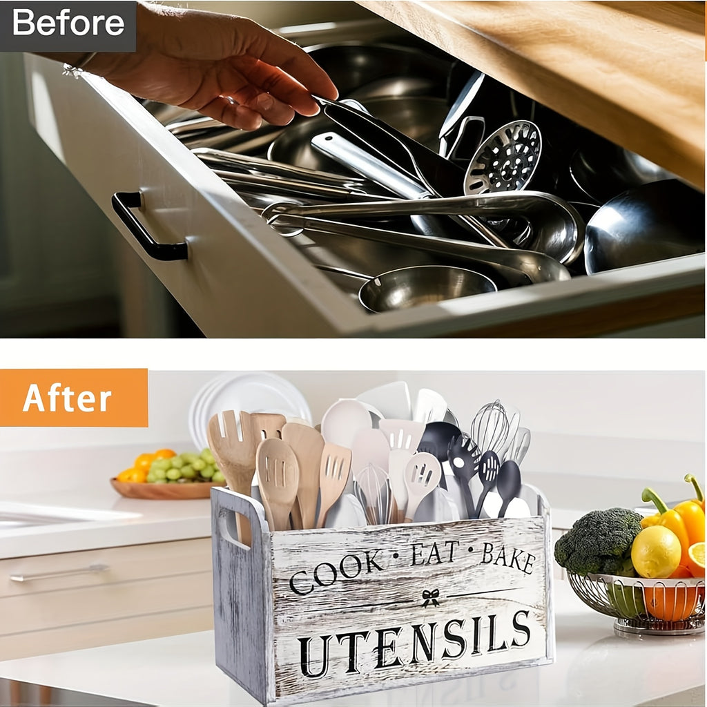 1pc of a Spacious Rustic Wooden Organizer for Kitchen Utensils, Featuring a Handle And Three Compartments. It Can Be Placed on The Countertop Or Mounted on The Wall, Making It Ideal for Storing Cooking, Dining, And Baking Tools