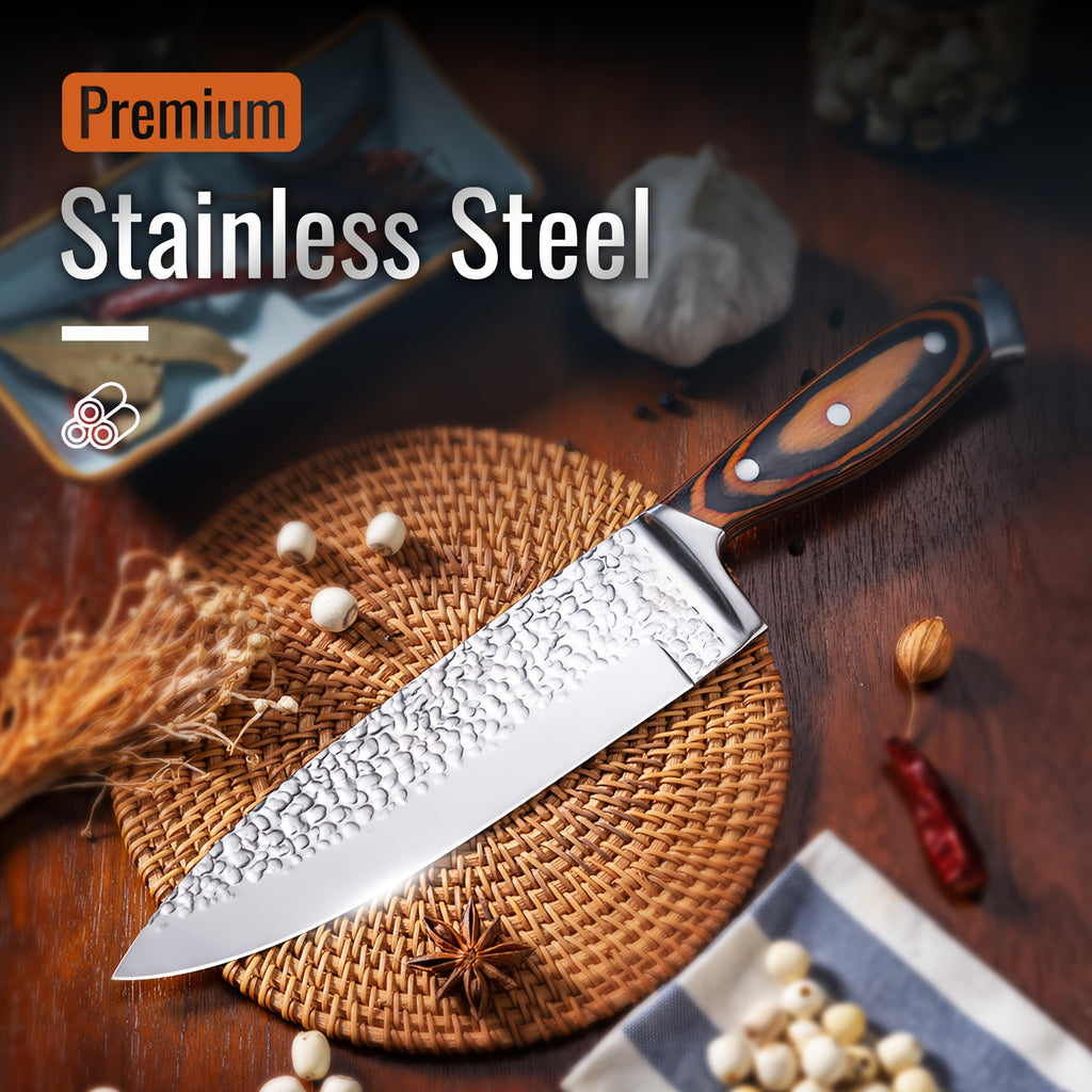 Kitchen Knife Set, 15pcs Knife Set With Block Wooden, Self Sharpening For Chef Knife Set, Medium Carbon Stainless Steel Hammered Knife Block Set With Steak Knives, Knives For Men, Boxed Knife Sets For Kitchen, For Family Gift, Local Warehouse