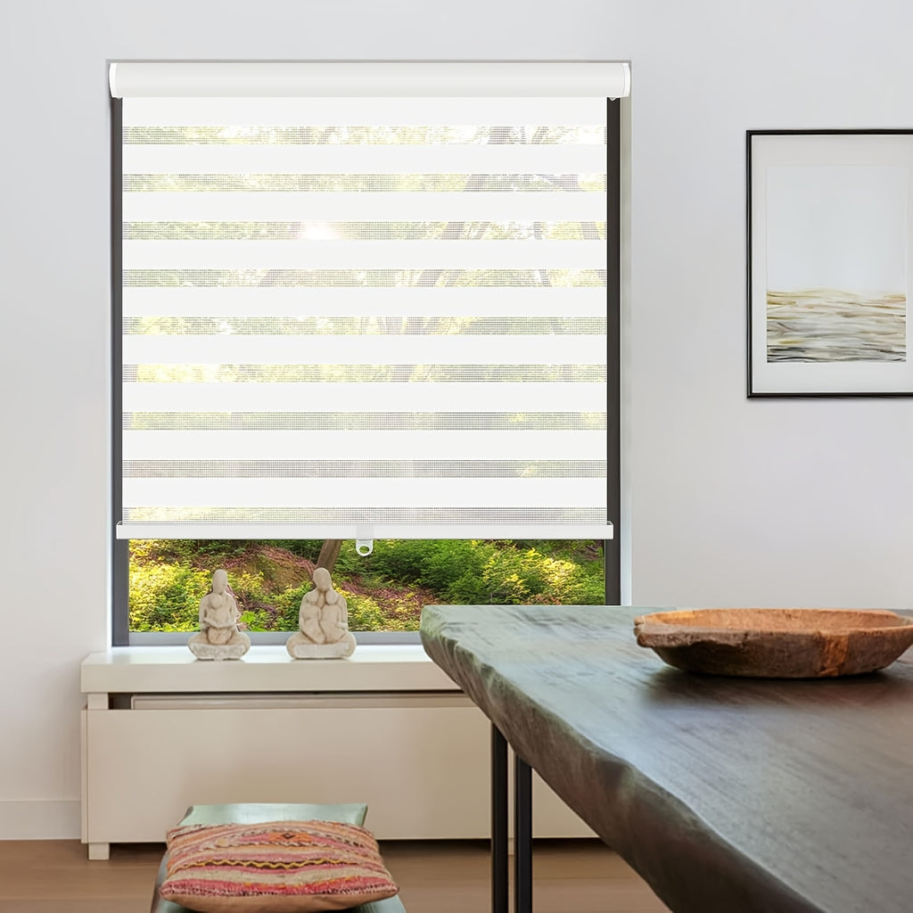 Cordless Zebra Blinds for Windows and Doors, Dual Layer Light Filtering Roller Shades in White, Beige, Grey or Black for Bedroom and Living Room Privacy