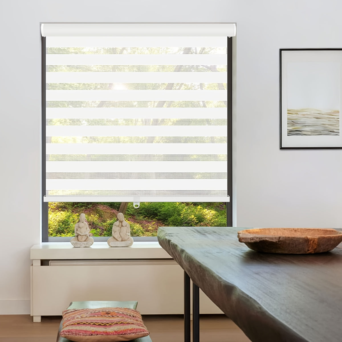 Cordless Zebra Blinds for Windows and Doors, Dual Layer Light Filtering Roller Shades in White, Beige, Grey or Black for Bedroom and Living Room Privacy