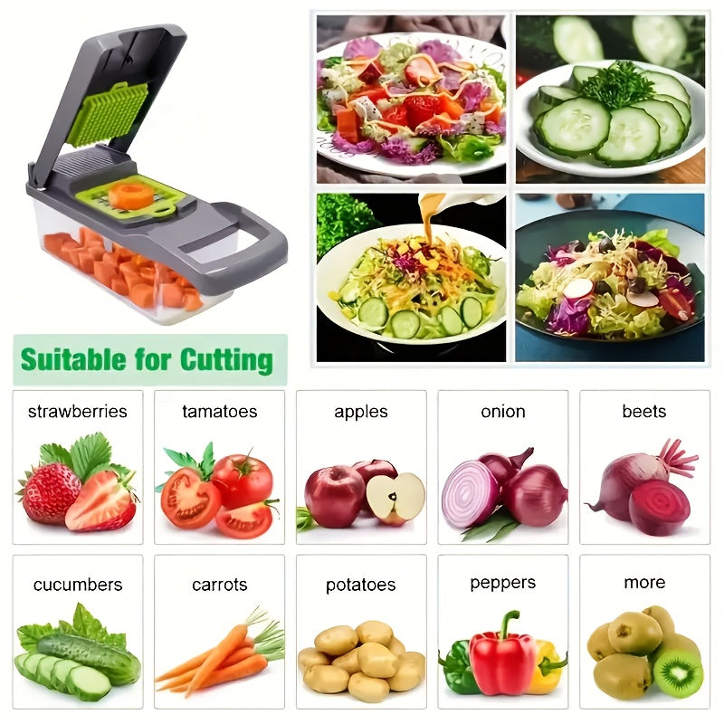 16pcs Upgraded Vegetable Chopper, Multifunctional Fruit Slicer, Handle Based Food Grater, Container Cutting Tool, Multi Blade Replaceable Onion Chopper, Household Potato Slicer