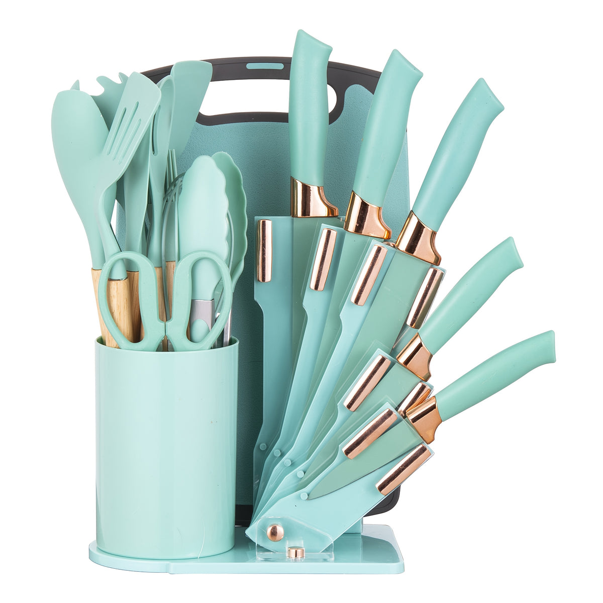 19pcs Kitchen Knife And Utensil Set, Non-Stick Black Knife Set with Wooden Handles, Silicone Cooking Tools, Cutting Board, Scissors And Holder, Best Gift for Parents