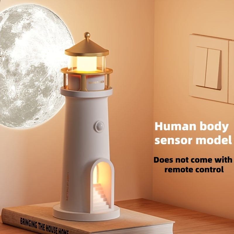 1pc Projector-equipped Moon Lighthouse Night Light with A Sensitive Human Body Sensor Switch And Always-on Function That Can Be Set At Will. It Can Be Used for Both USB Charging And Plug-in Power Supply, Making It A Great Decorative Item And Gift..