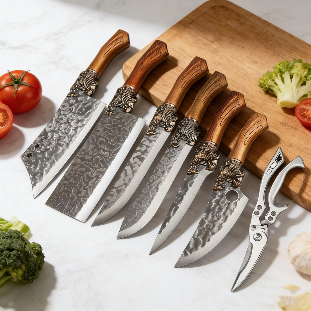 Professional Forged Stainless Steel Kitchen Knife Set(7pcs/6pcs)- Includes a Boning Knife, Slicing Knife, Carving Knife, Fish Knife, Butcher Knife, and Scissors. Suitable for Meat and Fish; Ultra-sharp and Durable Knives.