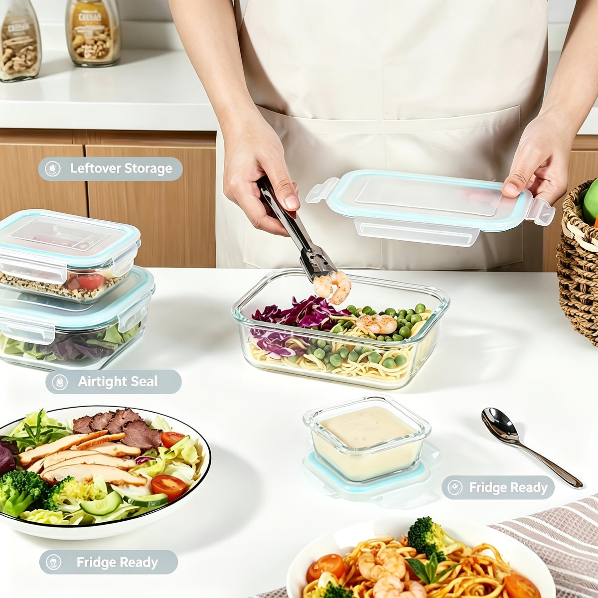 Premium Glass Food Storage Containers, Airtight Leak-Proof BPA Free Stain-Resistant Easy-Clean Design, Microwave Oven Freezer And Dishwasher Safe, 8pcs, for Meal Prep And Bento Boxes