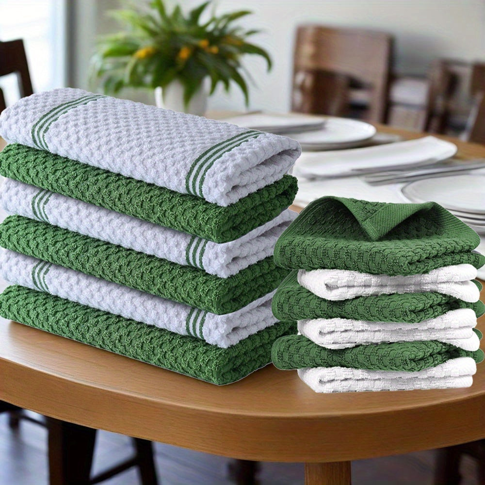 12pcs 100% Cotton Kitchen Towel Set | 6 Hand Towels (15" X 25"), 6 Wash Towels (12" X 12") - Striped Weave, Absorbent & Durable Dish Towels For Cooking, Cleaning & Drying - Perfect For Christmas & Holiday Kitchens
