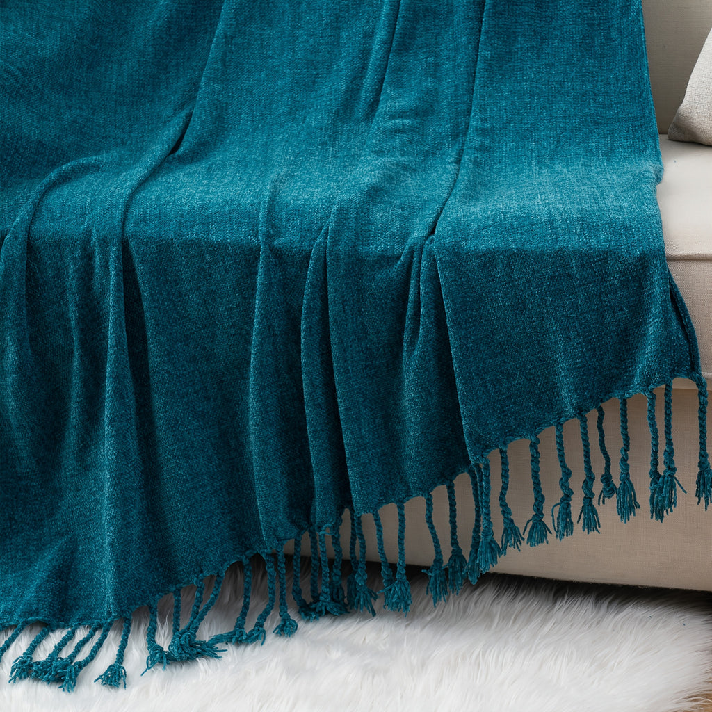 Decorative Fringe Velvety Throw Blanket for Sofa Home Decor, Chenille Throw Blanket for Couch, 50"x60"