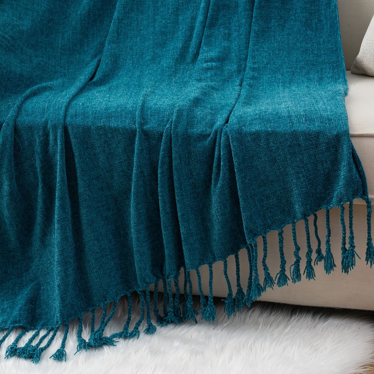 Decorative Fringe Velvety Throw Blanket for Sofa Home Decor, Chenille Throw Blanket for Couch, 50"x60"