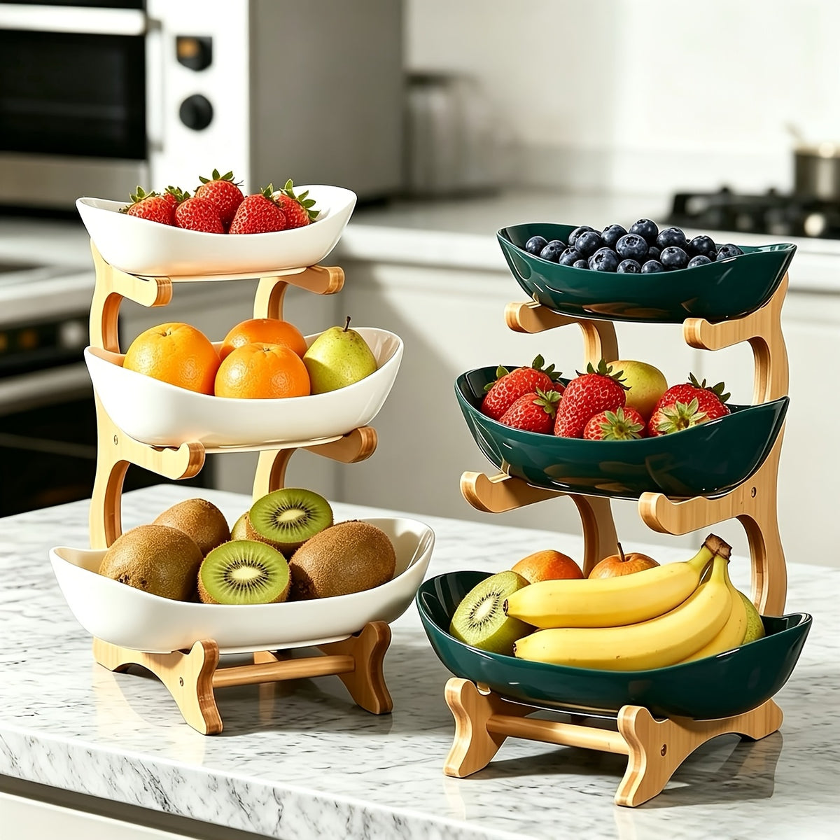 [Bamboo Wood Stand] A Creative Two-Tier/Three-Tier Kitchen Fruit Basket, Large-Capacity Layered Fruit Basket, European-Style Dried Fruit Tray, Bamboo Wood Stand, Household Snack Plate, Candy Tray, Fruit Basket