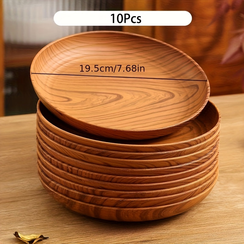 10pcs Of Wood-grain Colored Dinner Plates, 7.8-inch Thickened Plastic Plates, Salad Plates, Bread And Sandwich Plates, Breakfast Trays, Family Dining Table Plate Sets, Main Course Plates for Noodles, Pasta And Rice, Serving Trays, Suitable for