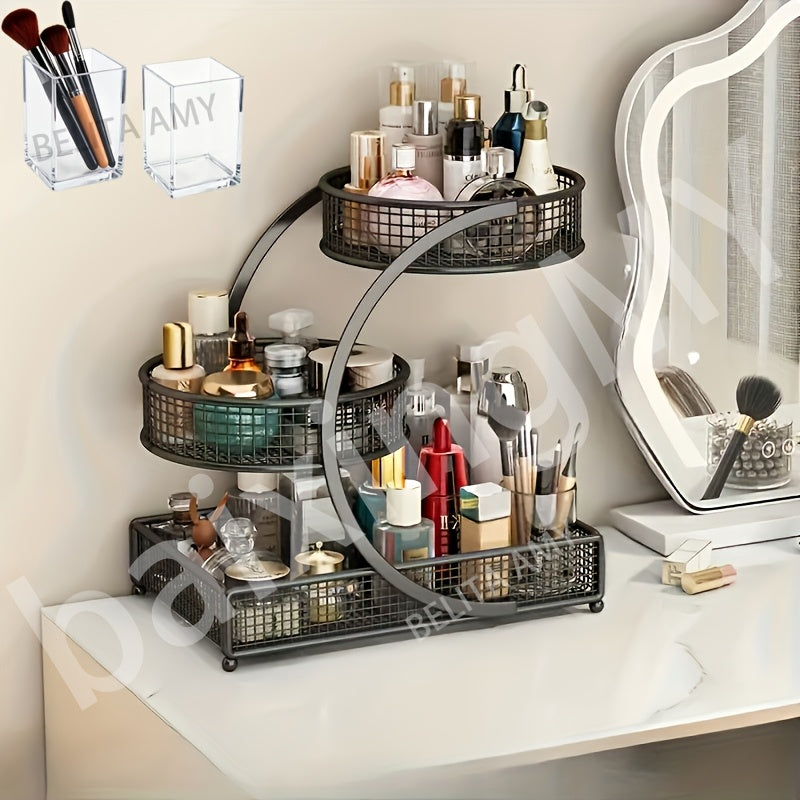 1pc Varnished Metal Cosmetic Organizer - No-Installation Lightweight Makeup Storage Rack, Spiral Design Vanity Countertop Shelf for Lipstick, Durable Metal with Varnished Finish, Space-Saving Bathroom Organizer(Send Makeup Brush Bucket)