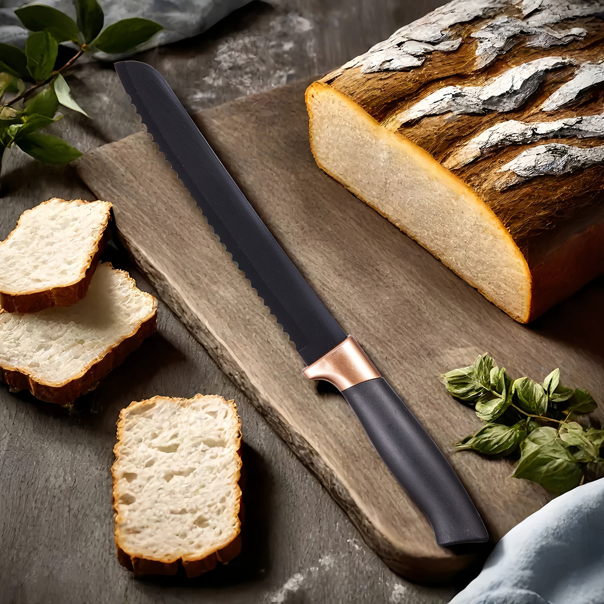 19pcs Kitchen Knife And Utensil Set, Non-Stick Black Knife Set with Wooden Handles, Silicone Cooking Tools, Cutting Board, Scissors And Holder, Best Gift for Parents