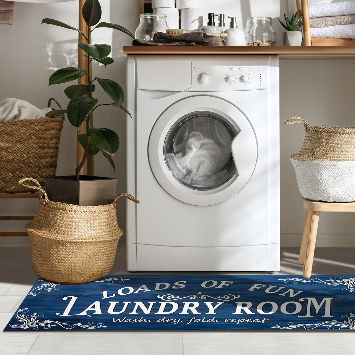 1pc Non Slip Laundry Room High Quality Runner Rug, Decor Non-Skid Comfort Standing Mat Machine Washable Text Design Laundry Mat, Floor Mats & Matting for Kitchen, Porch, Bathroom, Hotel, Commercial Laundry Rooms, And Home, Bathroom Rug 20x60in