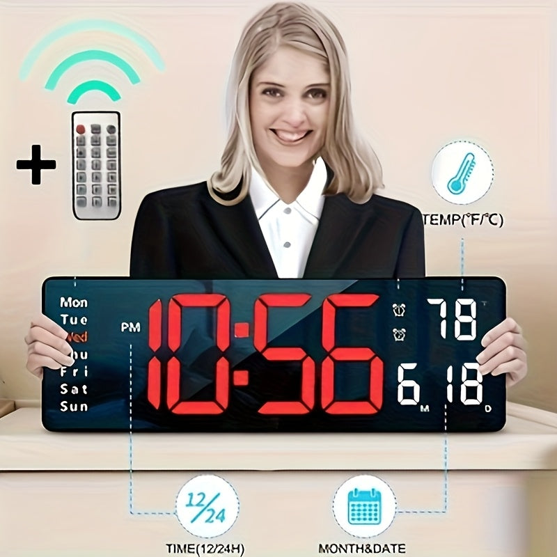 1pc 16inch Smart Digital Wall Clock - Large Color LED Display, Auto 10-Level Brightness, 12/ 24H Time, Temperature/ Humidity Monitor, Dual Alarm with Snooze, USB Powered, Perfect for Living Room/ Office/ Bedroom(Includes Remote Control)