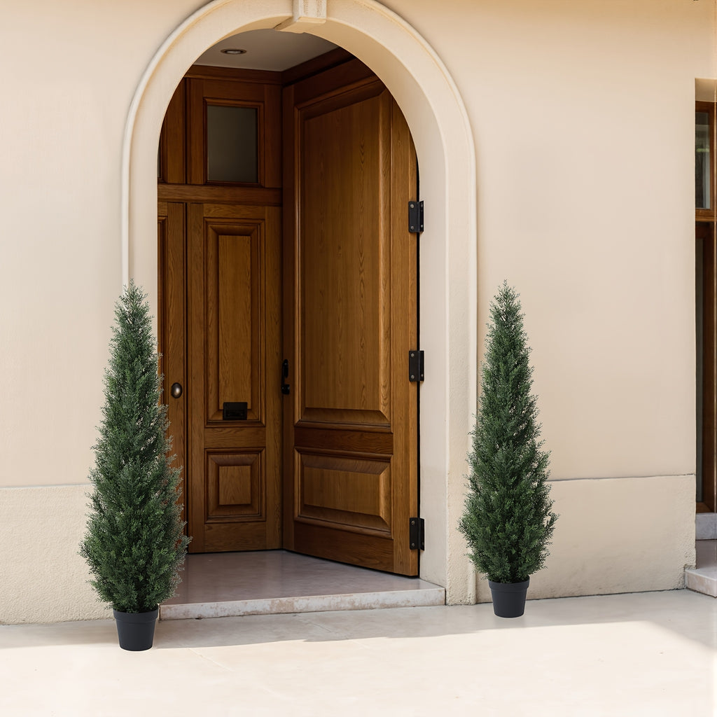 Outdoor Artificial Topiary Cedar Tree - 1pc/2pcs Fake UV Rated Potted Plants - 3/4/5FT Faux Pine Bushes And Shrubs For Front Porch Home Office Decor