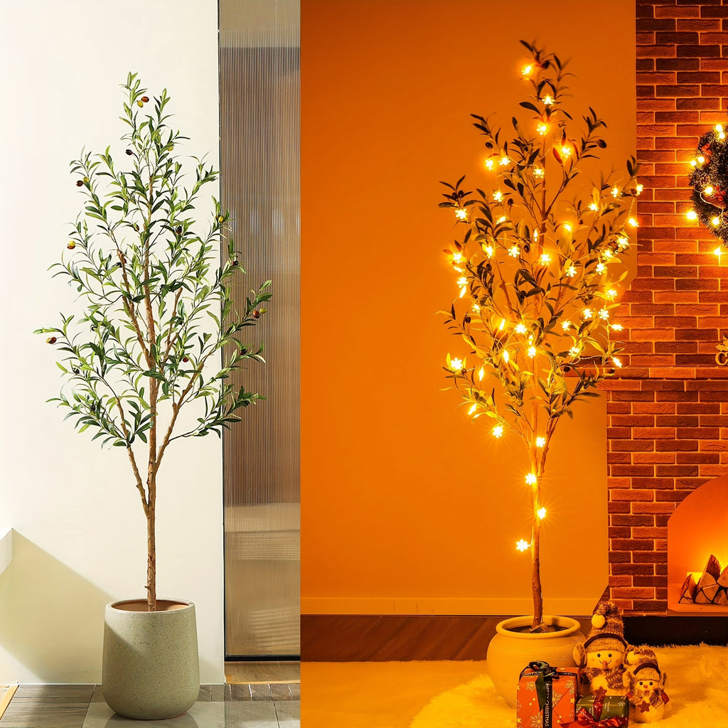 Artificial Olive Tree - Potted Faux Silk Plant with Natural Wood Trunk And Lifelike Fruits - Perfect for Home, Office, Outdoor And Holiday Decor