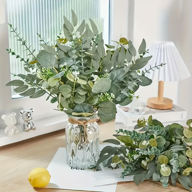 50/56pcs Bulk Artificial Eucalyptus Flowers & Stems with 4 Leaf Varieties - Realistic DIY Wedding, Valentine's, St. Patrick's Day, Spring Decorations - Lifelike Green Foliage Bouquets with White Flowers, Durable Plastic Blooms for Home, Office