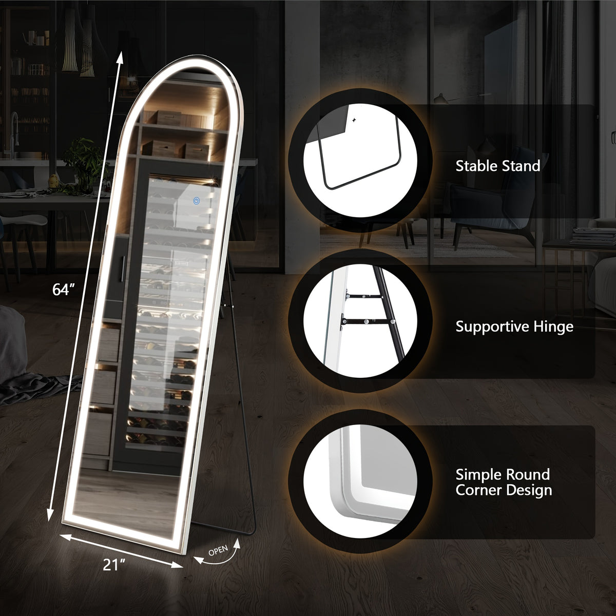 Full Length Mirror, Aluminum Frame - LED Lighted Full Length Mirror - Arched Makeup Mirror - Full Length Makeup Mirror - for Bathroom Bedroom or Living Room, Multiple Sizes, Black/ Golden/ White Available