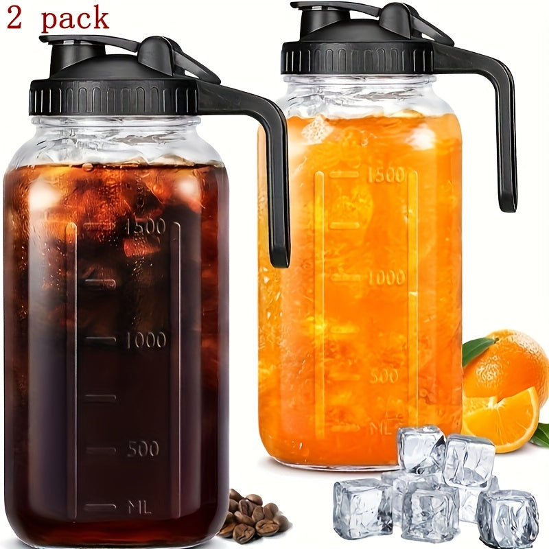 Grinkwell 64Oz Mason Jar with Handle And Lid, 2/3 Pack, Bpa-Free High Borosilicate Glass, Sports And Outdoor Beverage Carafe, Leak-Proof, for Ramadan, Christmas, New Year