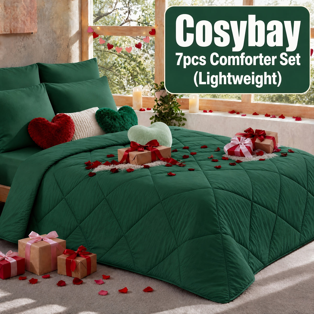 Cosybay 7 Piece Pinch Pleated Comforter Set Queen King Size, Luxury Soft Fluffy Bedding Includes 1 Comforter, 1 Extra Deep Pocket Fitted Sheet, 1 Flat Sheet, 4 Pillowcases & Pillow Covers, Perfect for Halloween Party, Holiday Celebrations & Birthday
