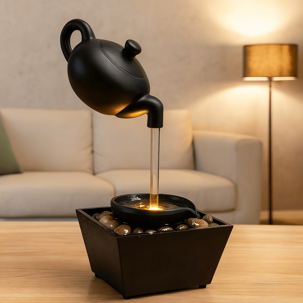 Zen Teapot Water Fountain Lamp with Soothing LED Glow & Water Flow - Black Resin Relaxation Fountain, Pebble Bed for Home/Office Decor,, Meditation Aid, Warm Light Gift for s ( Operation)