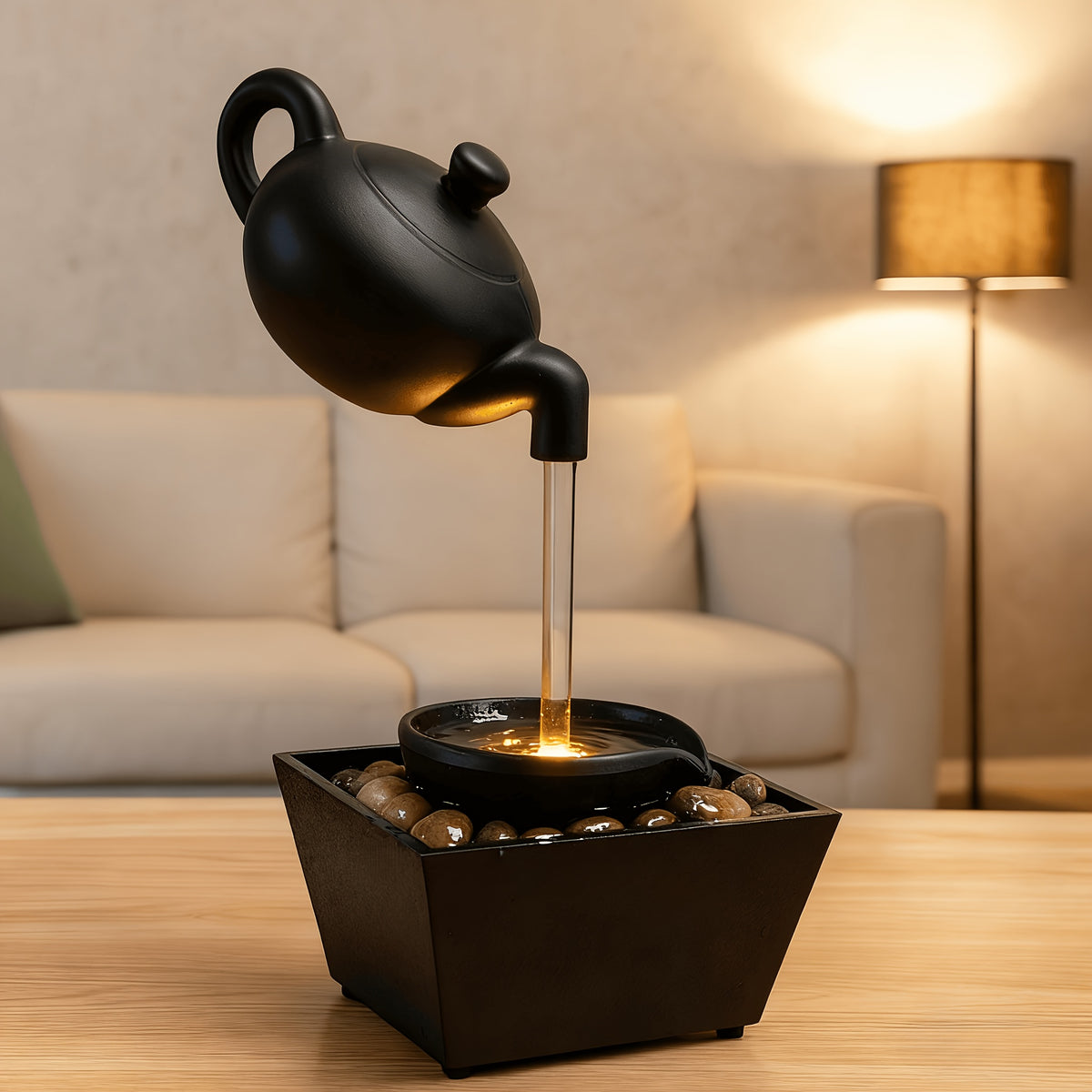 Zen Teapot Water Fountain Lamp with Soothing LED Glow & Water Flow - Black Resin Relaxation Fountain, Pebble Bed for Home/Office Decor,, Meditation Aid, Warm Light Gift for s ( Operation)