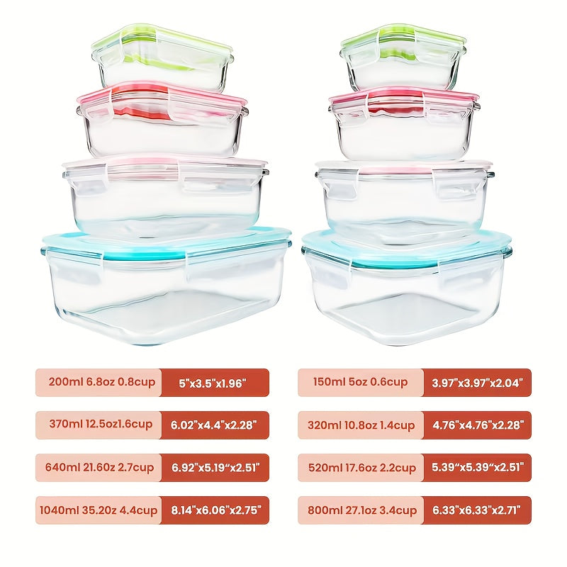 16pcs Sealed Glass Food Storage Containers, Lunch Box, Microwave, Oven - Great For Salads, Fruits, Vegetables And Sandwiches, Lunch Box | Sealed Storage | Durable Glass, Food Storage Containers (8 Lids + 8 Containers)