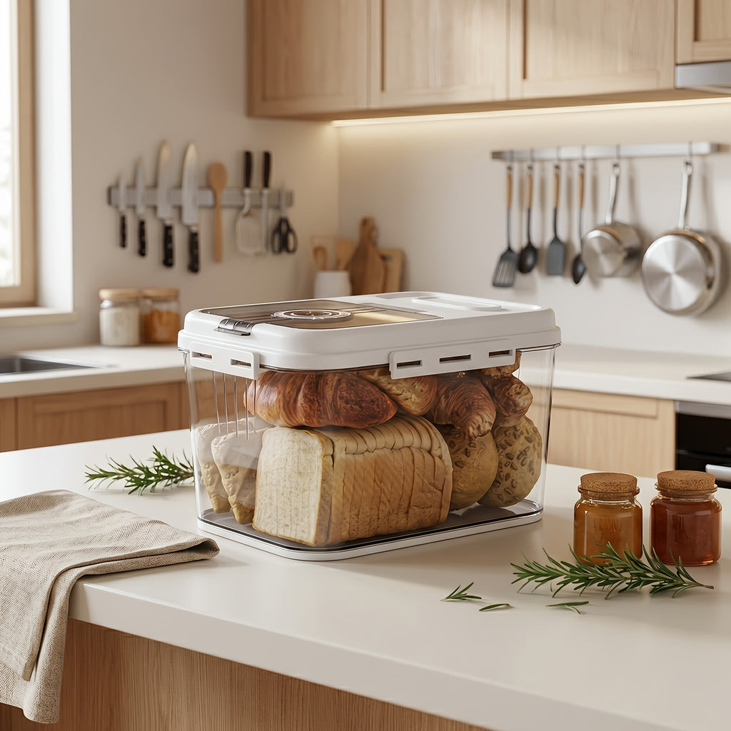 Airtight Bread Keeper with Date Dial, Clear PET Food Storage Container with White Flip-Top Lid for Homemade Bread, Rice and Kitchen Pantry Organization
