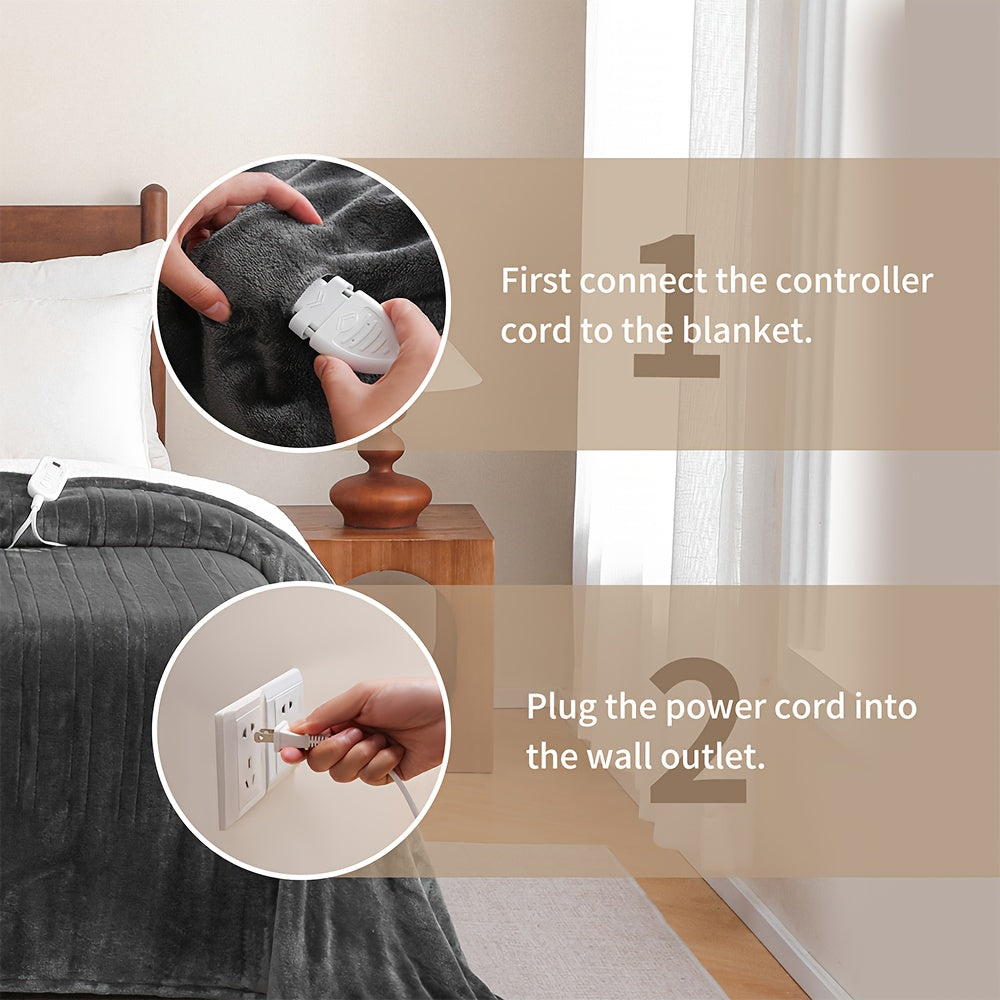 Extra Large Flannel And Electric Blanket with Time And Temperature Control, 10 Hour Auto-Off, 8 Temperature Levels, Queen/King Two Controllers, Throw/Twin/Full with 1 Controller, Machine Washable, PTC+NTC Overheat Protection