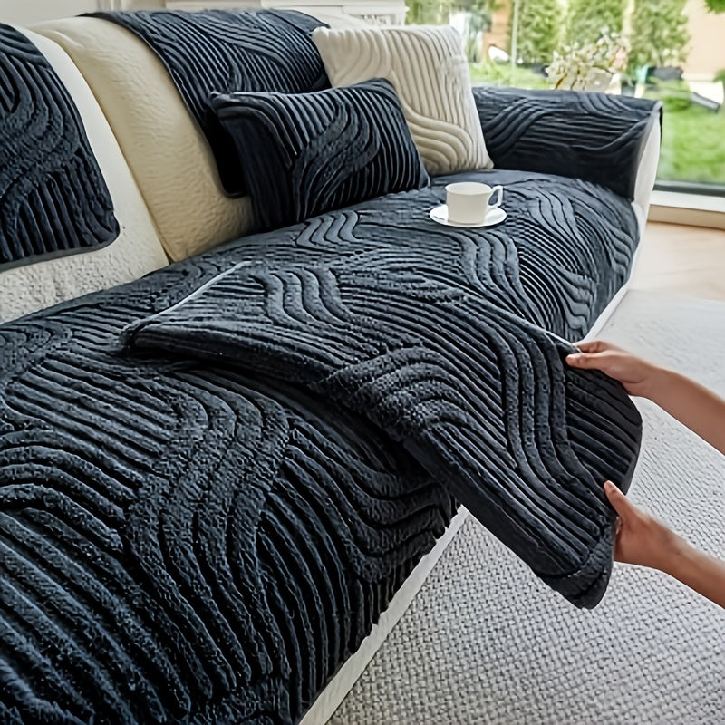 1pc Pet Friendly Sofa Cover, Dog Friendly Non Slip Furniture Protector, Fox Tail Patterned & Solid Color Shu Velveteen Plush Sofa Cushion, All Season Short Plush Sectional Sofa Cover for Living Room Bedroom Office